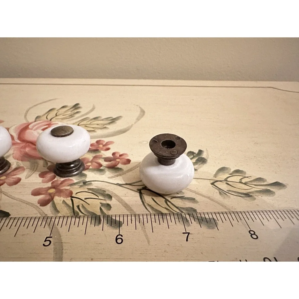 Set of 5 Vintage‎ White Porcelain & Brass Knobs/Pulls~Attic Find~Mushroom Shaped